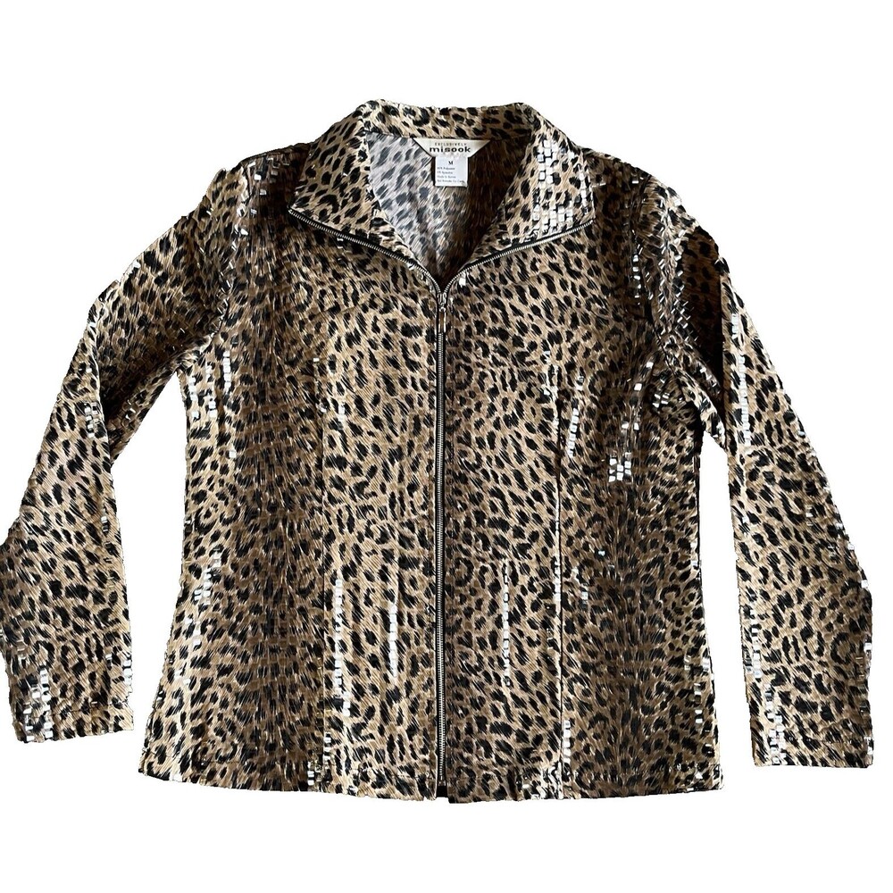 Exclusively Misook Jacket Womens Medium Leopard Print Embellished Textured Zip